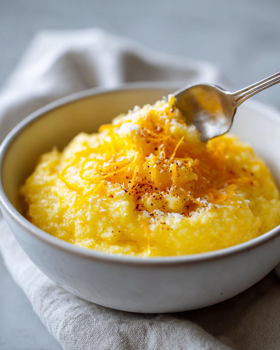 Close-up of a creamy bowl of bright yellow cheese grits topped with grated cheese and orange zest.