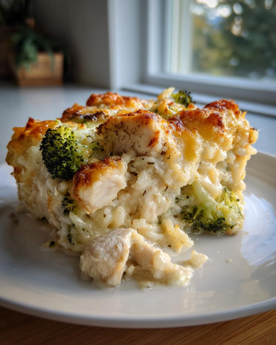A close-up of a creamy slice of chicken broccoli rice casserole topped with golden, melted cheese.