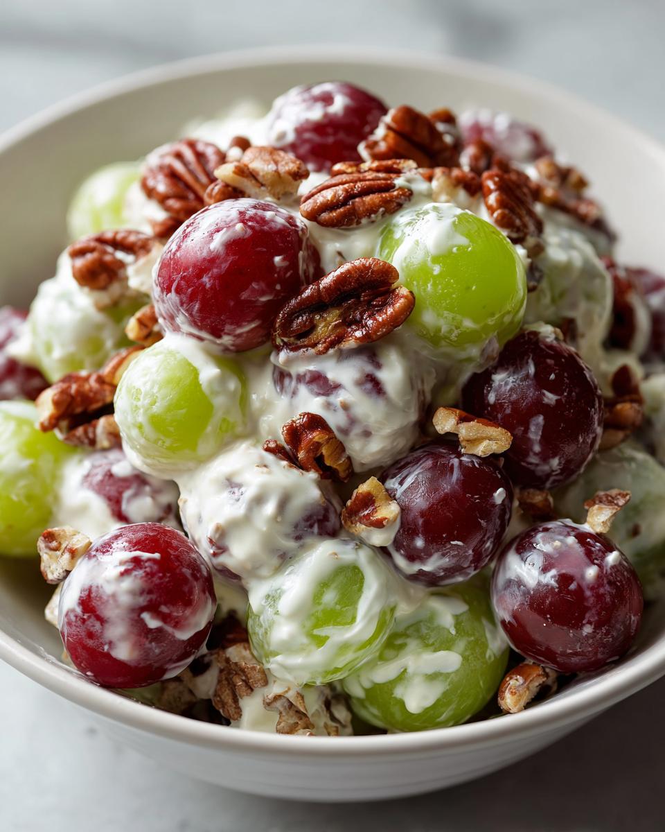 A close-up of creamy chicken salad chick grape salad featuring red and green grapes coated in a white dressing and topped with pecans.