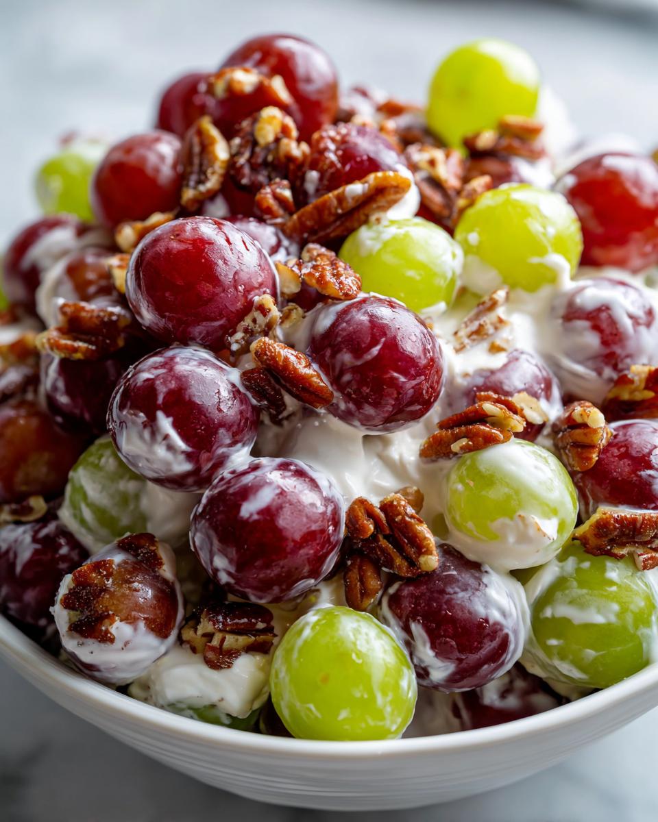 Close-up of creamy chicken salad chick grape salad featuring red and green grapes coated in dressing and topped with pecans.