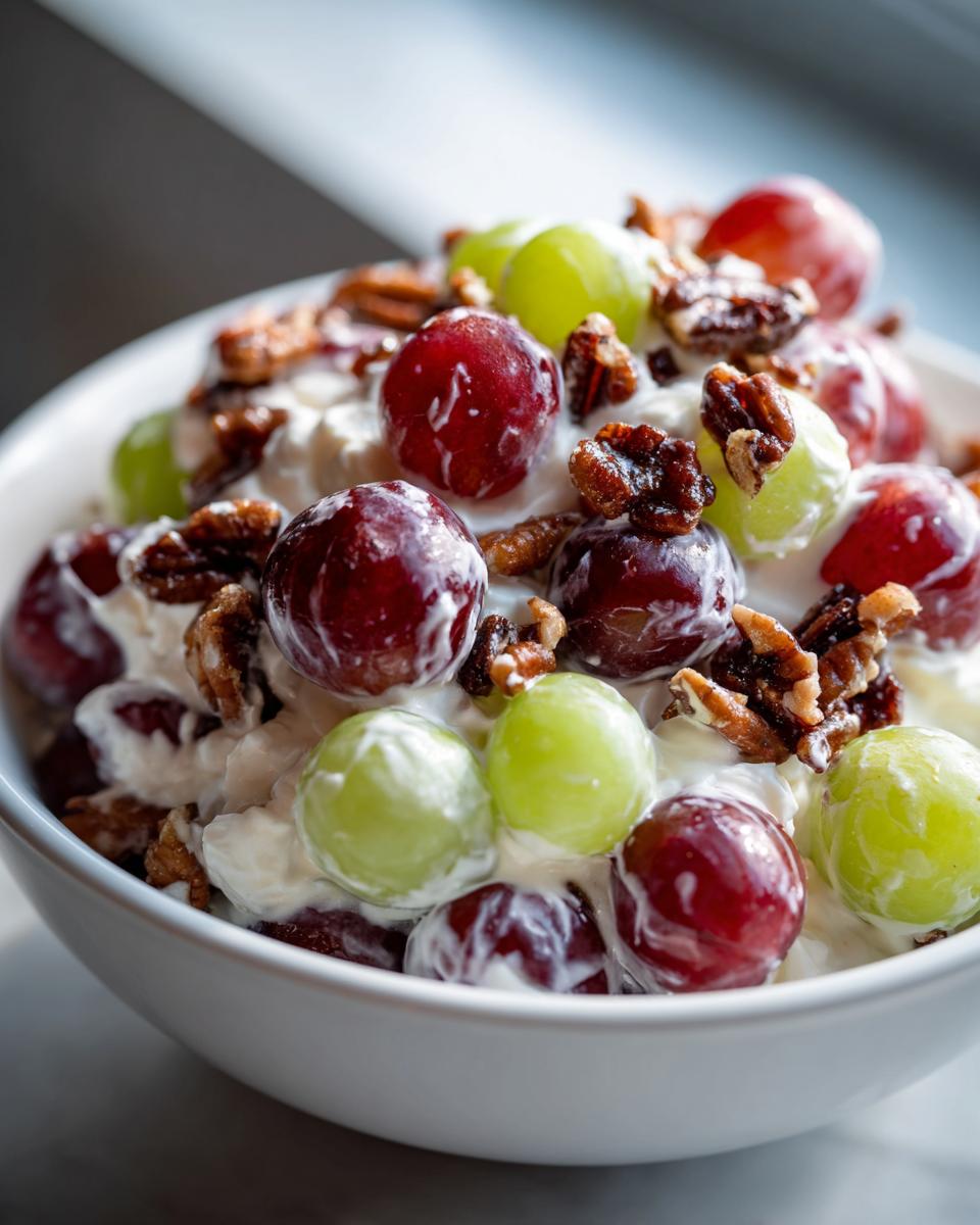 Close-up of creamy chicken salad chick grape salad featuring red and green grapes and pecans in a white bowl.