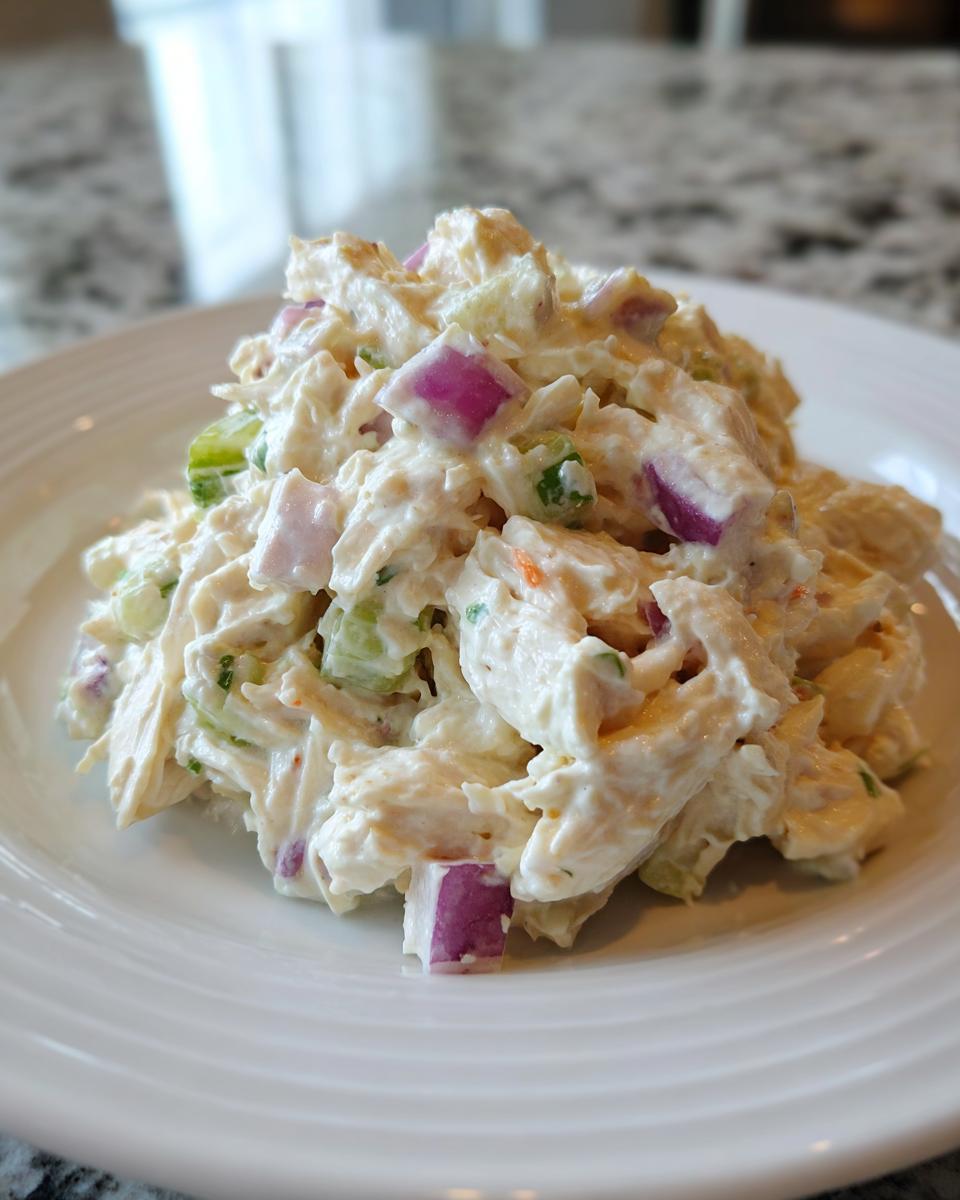 A close-up of creamy cottage cheese chicken salad mixed with visible chunks of red onion and celery on a white plate.