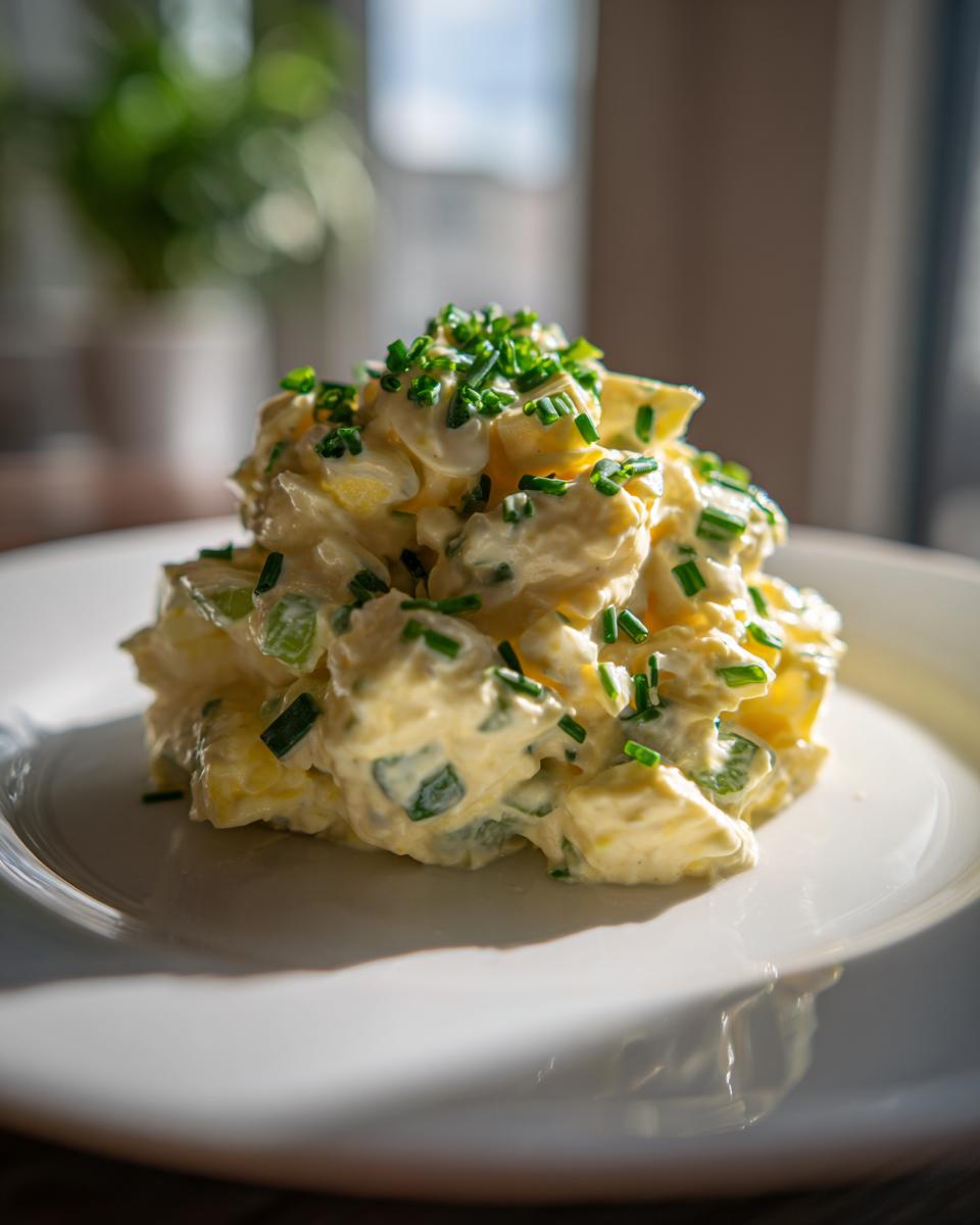 A mound of creamy egg salad recipe garnished generously with freshly chopped green chives, served on a white plate.