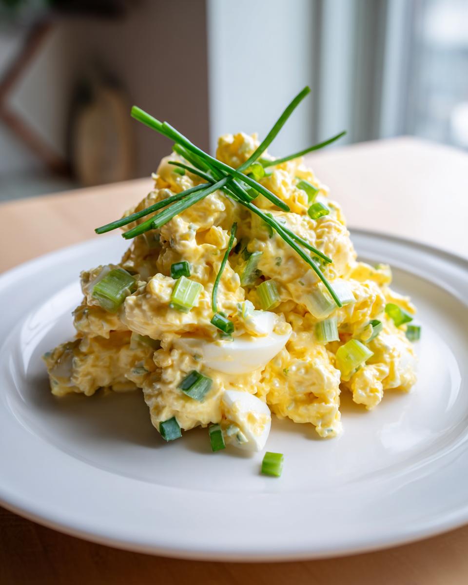 A mound of creamy, yellow egg salad recipe garnished with fresh chives and celery on a white plate.