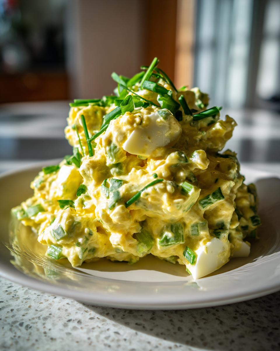A mound of creamy, yellow egg salad recipe mixed with chopped green onions and topped with fresh chives, served on a white plate.