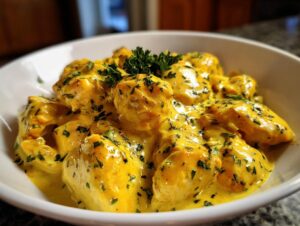 Close-up of tender chicken pieces coated in a rich, bright yellow creamy lemon chicken sauce, garnished with fresh parsley.