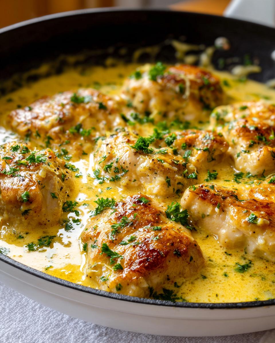 Close-up of browned chicken pieces simmering in a rich, creamy lemon chicken sauce, garnished with fresh parsley.
