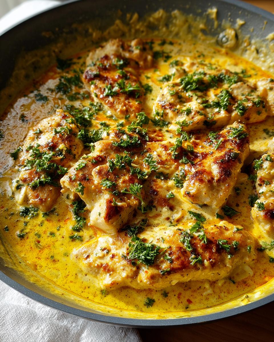 Close-up of seared chicken breasts simmering in a rich, yellow creamy lemon chicken sauce, topped with fresh parsley.