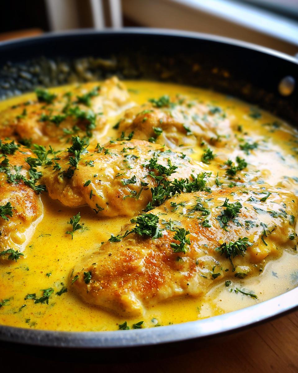 Close-up of several chicken breasts simmering in a rich, yellow creamy lemon chicken sauce, topped with fresh parsley.