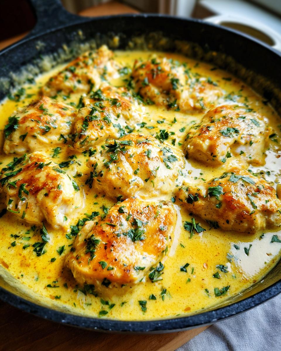 Close-up of seared chicken pieces simmering in a rich, yellow creamy lemon chicken sauce, garnished with fresh parsley.