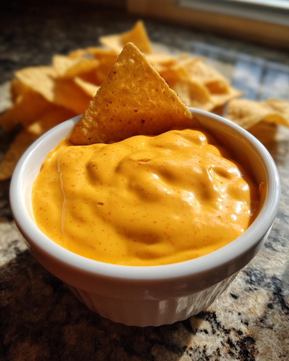 A close-up of creamy, vibrant orange nacho cheese dip in a white ramekin with a tortilla chip dipped inside.