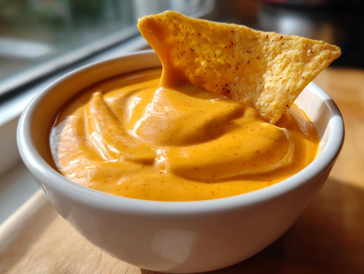 A close-up of creamy, bright orange nacho cheese dip in a white bowl with a single tortilla chip dipped in.