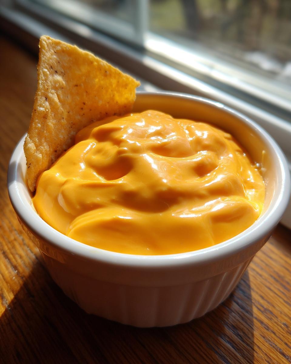 A small white bowl filled with smooth, bright orange nacho cheese dip, with one tortilla chip dipped in.