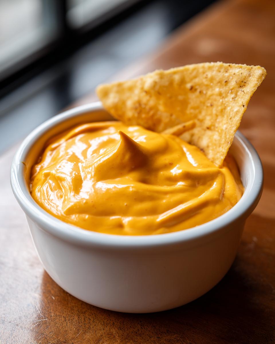 Close-up of smooth, vibrant orange nacho cheese dip in a white bowl with one tortilla chip dipped in.