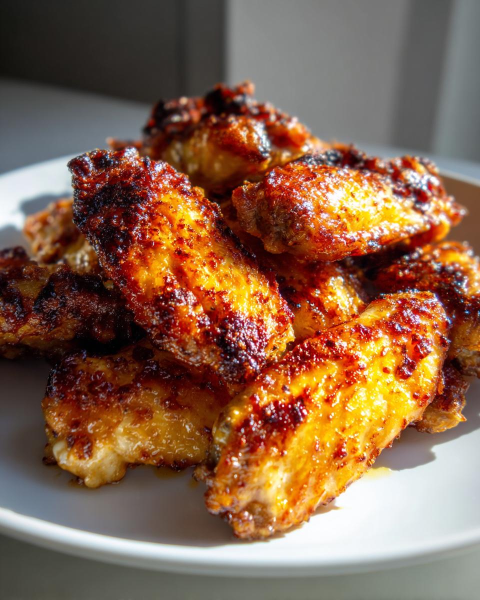 A close-up of a pile of golden brown, glossy, and crispy baked chicken wings on a white plate.
