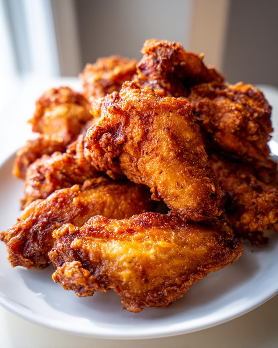 A close-up of a pile of golden brown, extra crispy baked chicken wings served on a white plate.