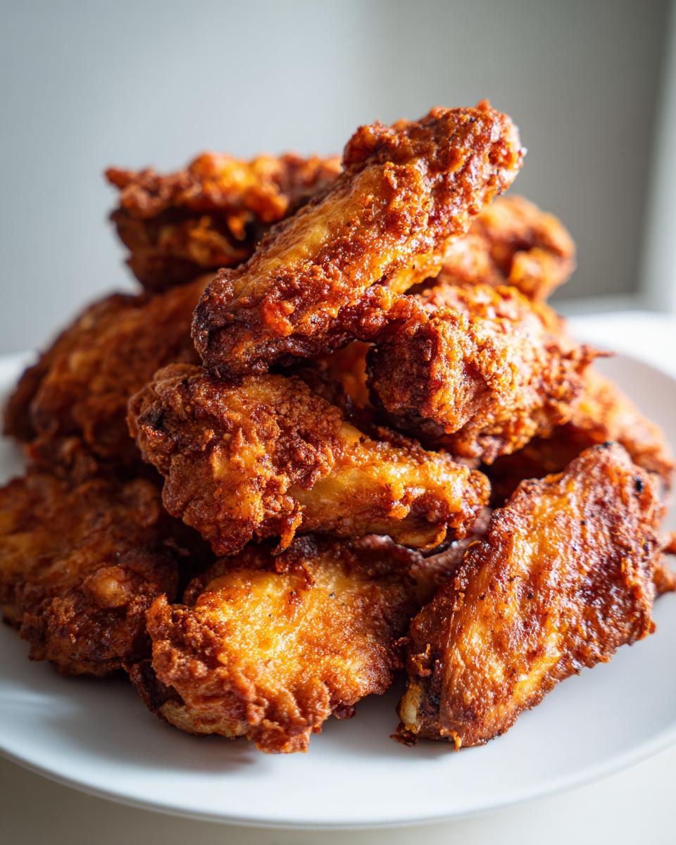 A close-up pile of golden brown, extremely crispy baked chicken wings stacked high on a white plate.
