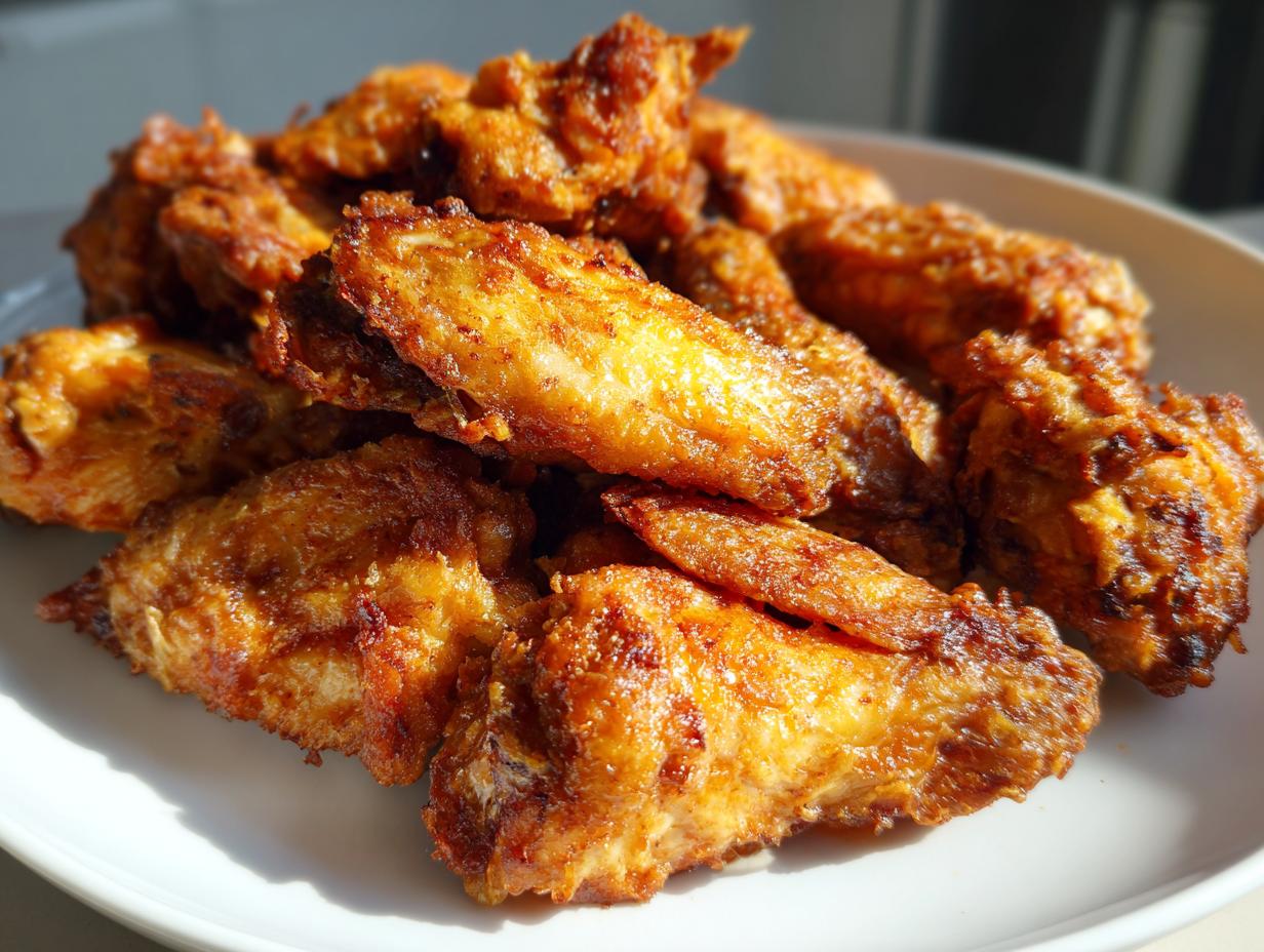 A close-up of a pile of golden brown, crispy baked chicken wings stacked on a white plate.