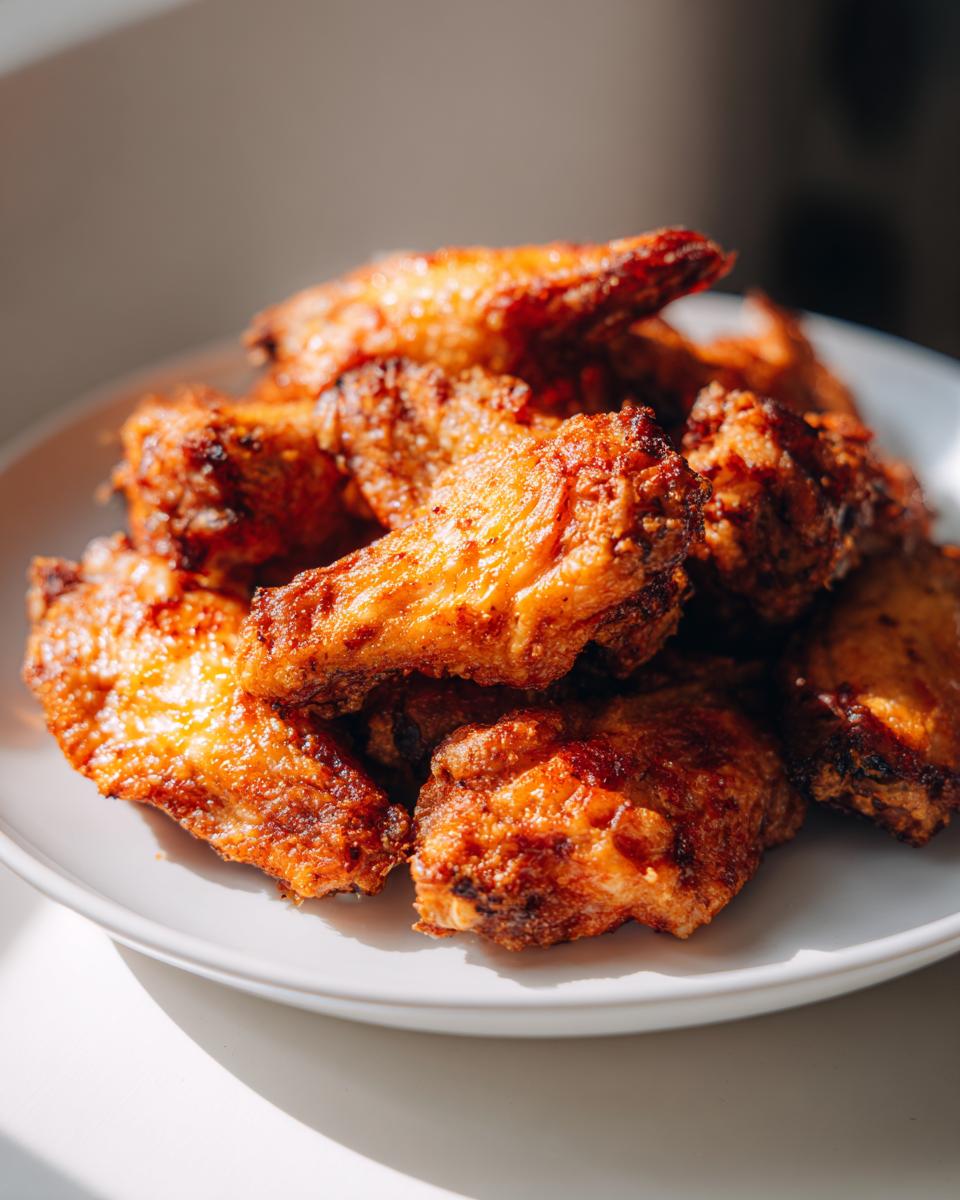 A close-up stack of golden brown, crispy baked chicken wings piled high on a white plate.