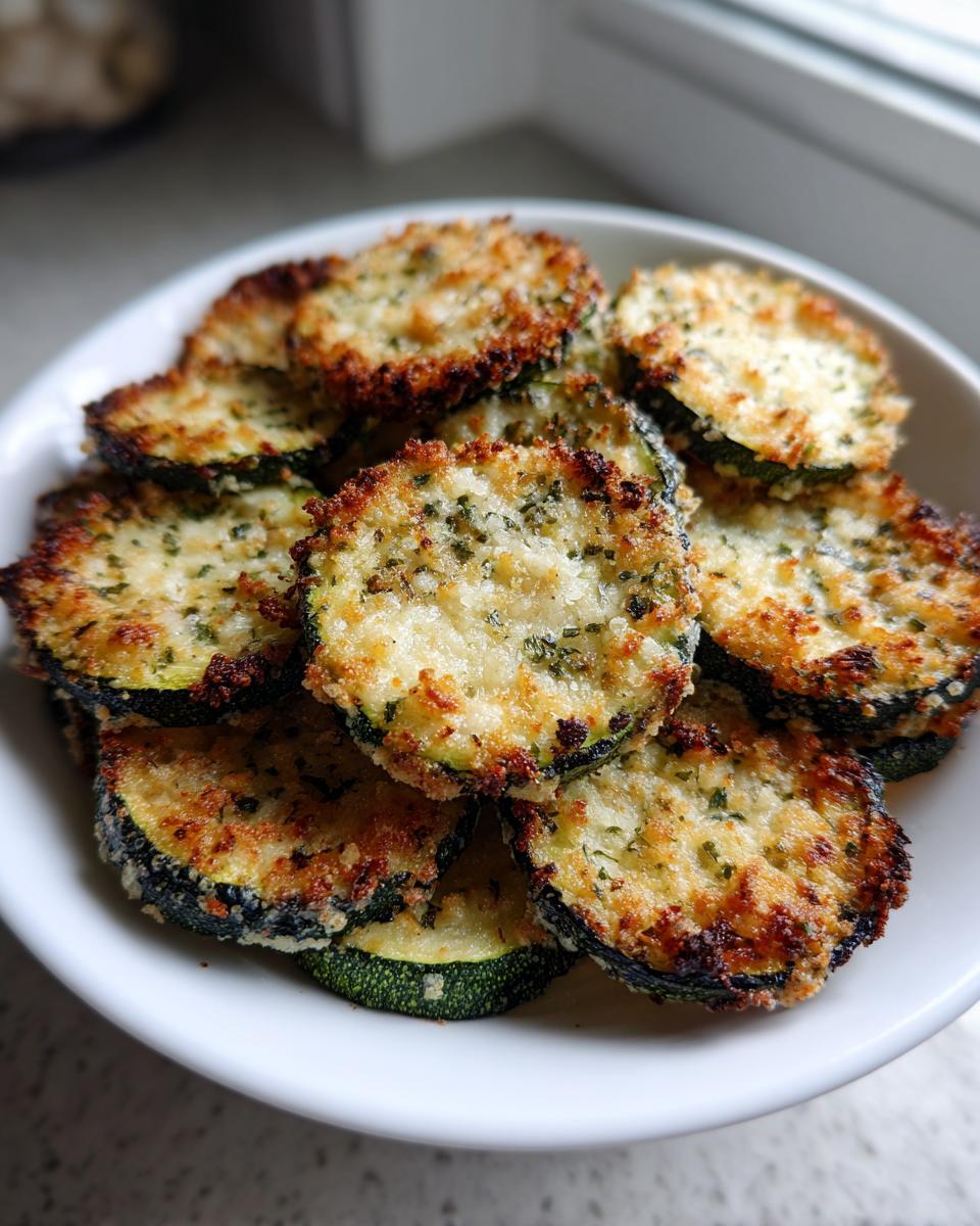 A white bowl filled with golden brown, crispy baked parmesan zucchini slices, seasoned with herbs.