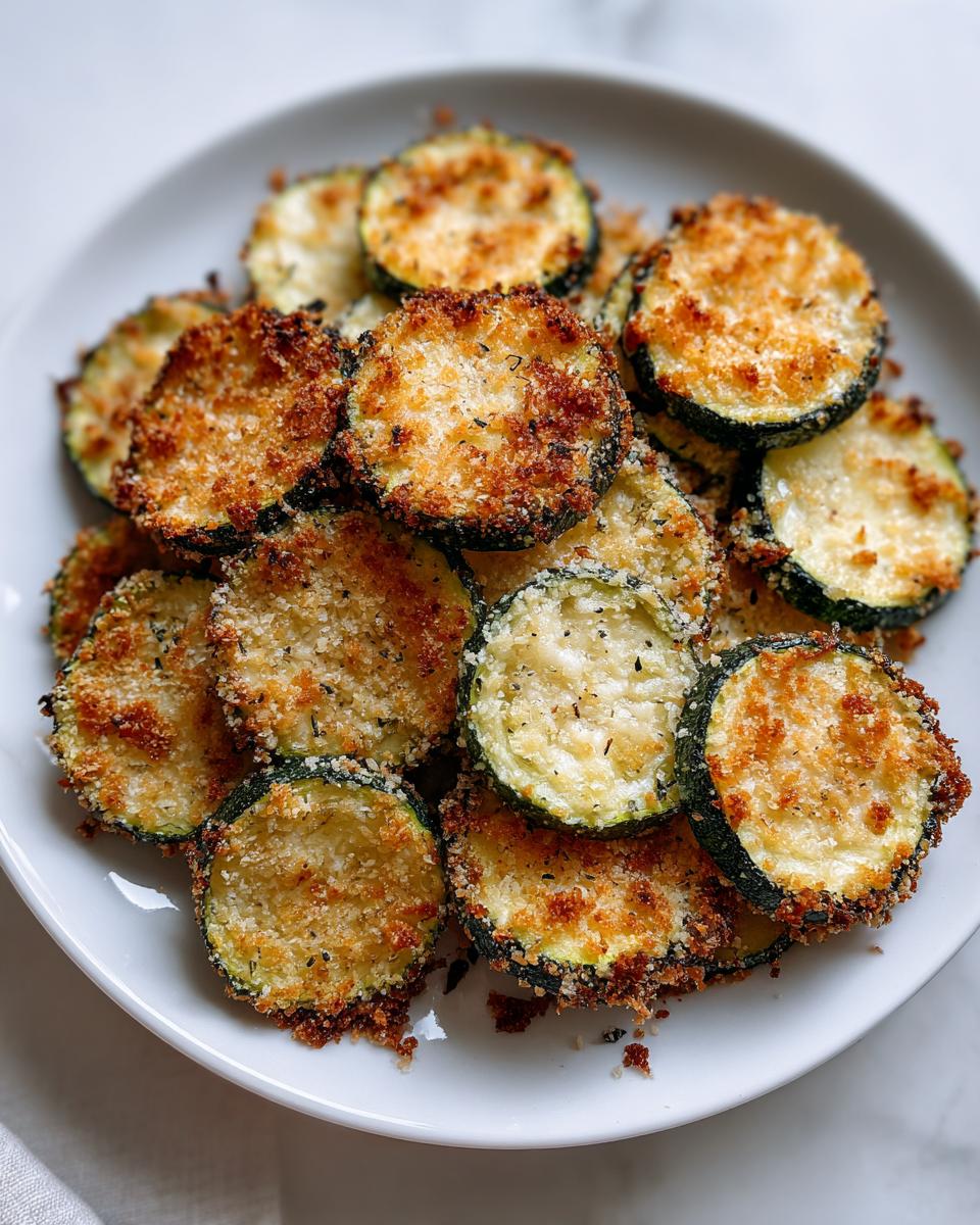 A white plate piled high with golden brown, crispy baked parmesan zucchini slices.