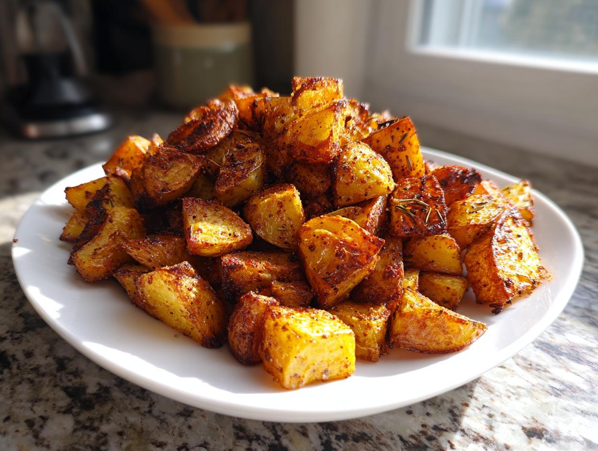 A mound of perfectly crispy, golden-brown breakfast potatoes seasoned with spices and herbs, served on a white plate.