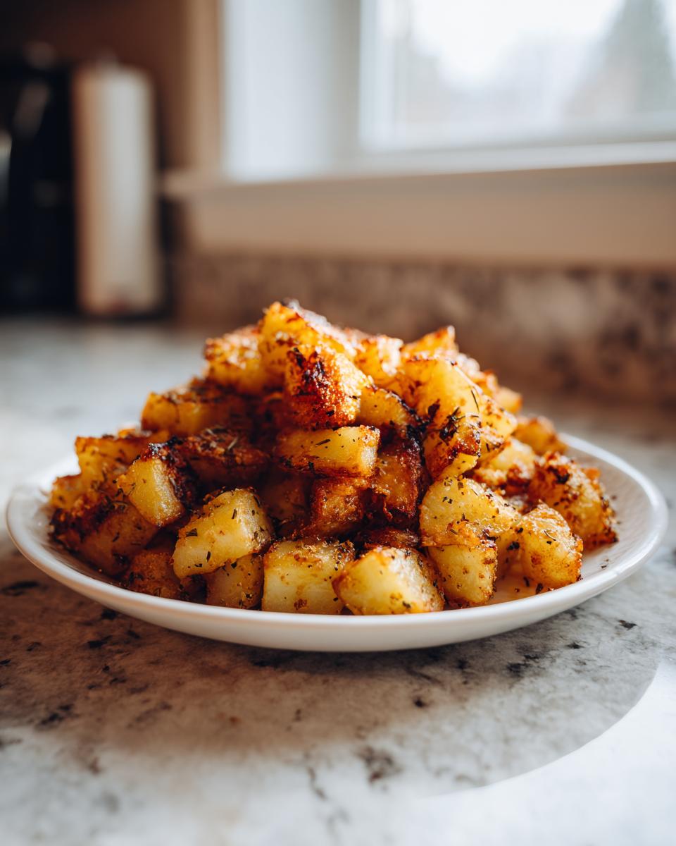 A mound of golden brown, crispy breakfast potatoes seasoned with herbs piled high on a white plate.