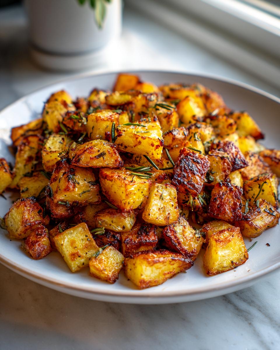 A close-up of perfectly crispy, golden brown breakfast potatoes seasoned with herbs like rosemary.