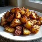 A close-up of perfectly crispy breakfast potatoes, seasoned with herbs like rosemary, piled on a white plate.