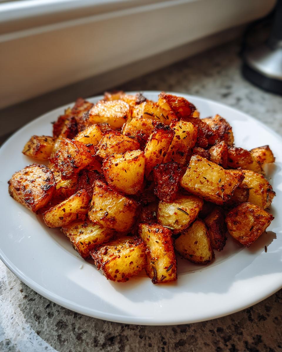 A close-up of perfectly crispy, golden brown breakfast potatoes seasoned with herbs, served on a white plate.