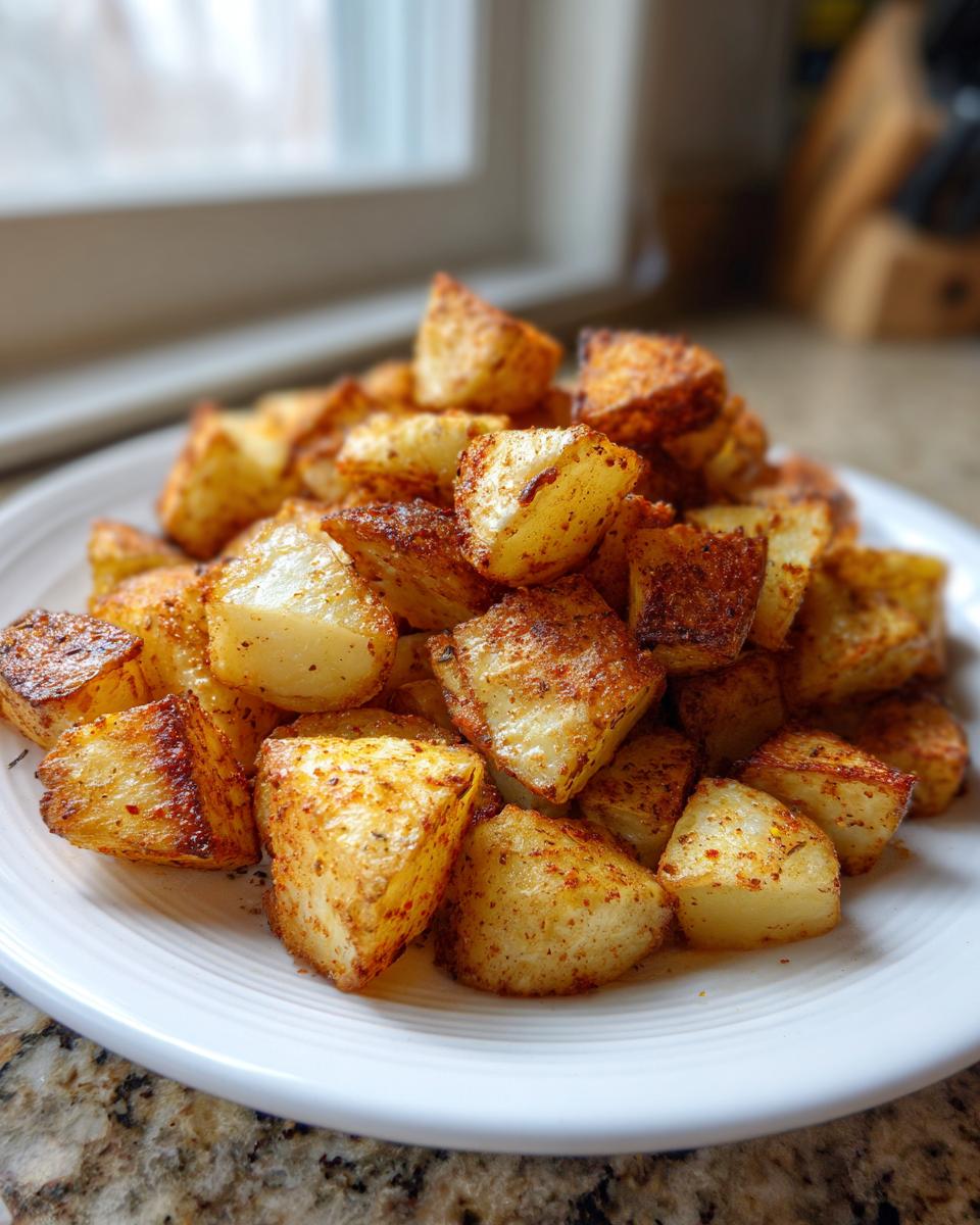 A close-up of perfectly crispy, golden-brown seasoned breakfast potatoes piled high on a white plate.