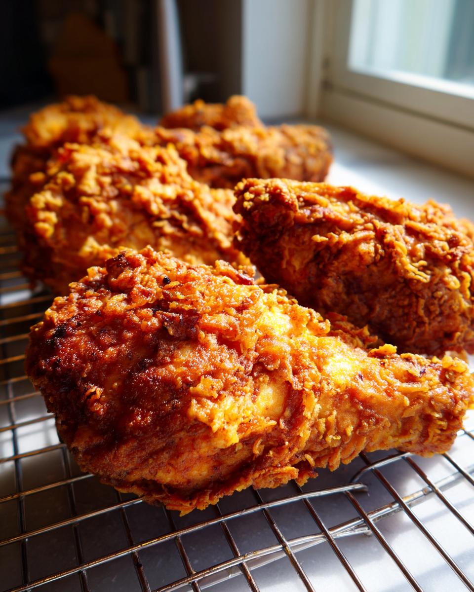 Close-up of several pieces of golden brown, crispy fried chicken resting on a wire cooling rack near a window.