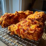 Close-up of several pieces of golden, crispy fried chicken resting on a wire cooling rack, catching the sunlight.