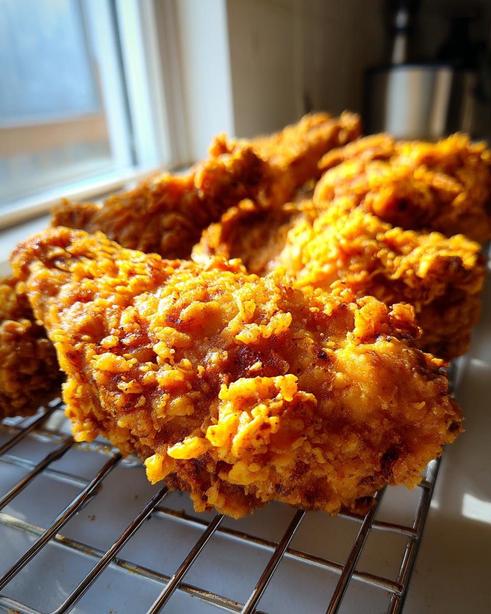 Close-up of golden, crispy fried chicken pieces resting on a wire cooling rack near a bright window.