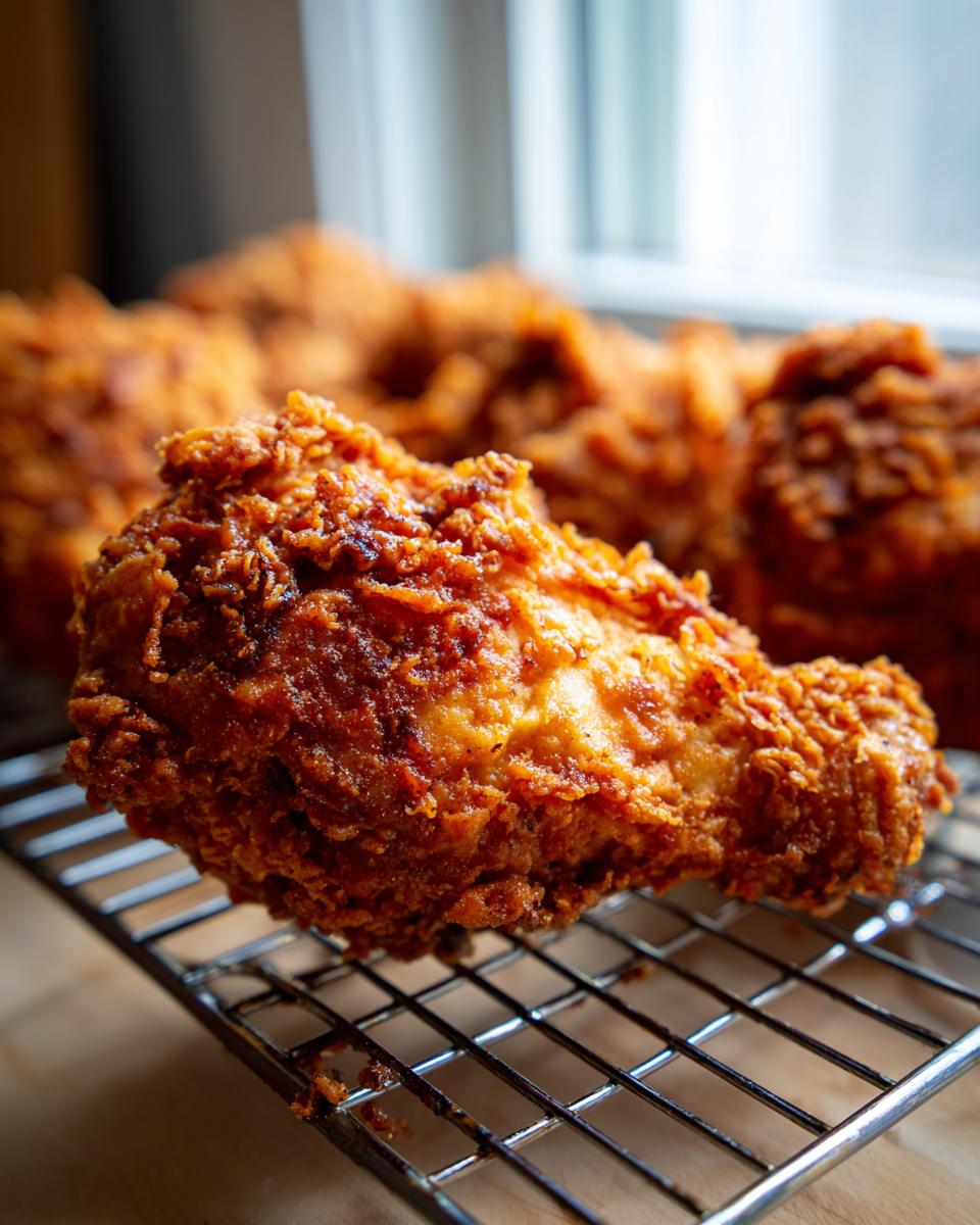 Close-up of a perfectly golden brown, crispy drumstick piece of fried chicken resting on a wire cooling rack.