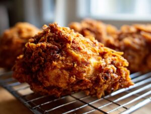 Close-up of a perfectly crispy piece of fried chicken resting on a wire cooling rack.