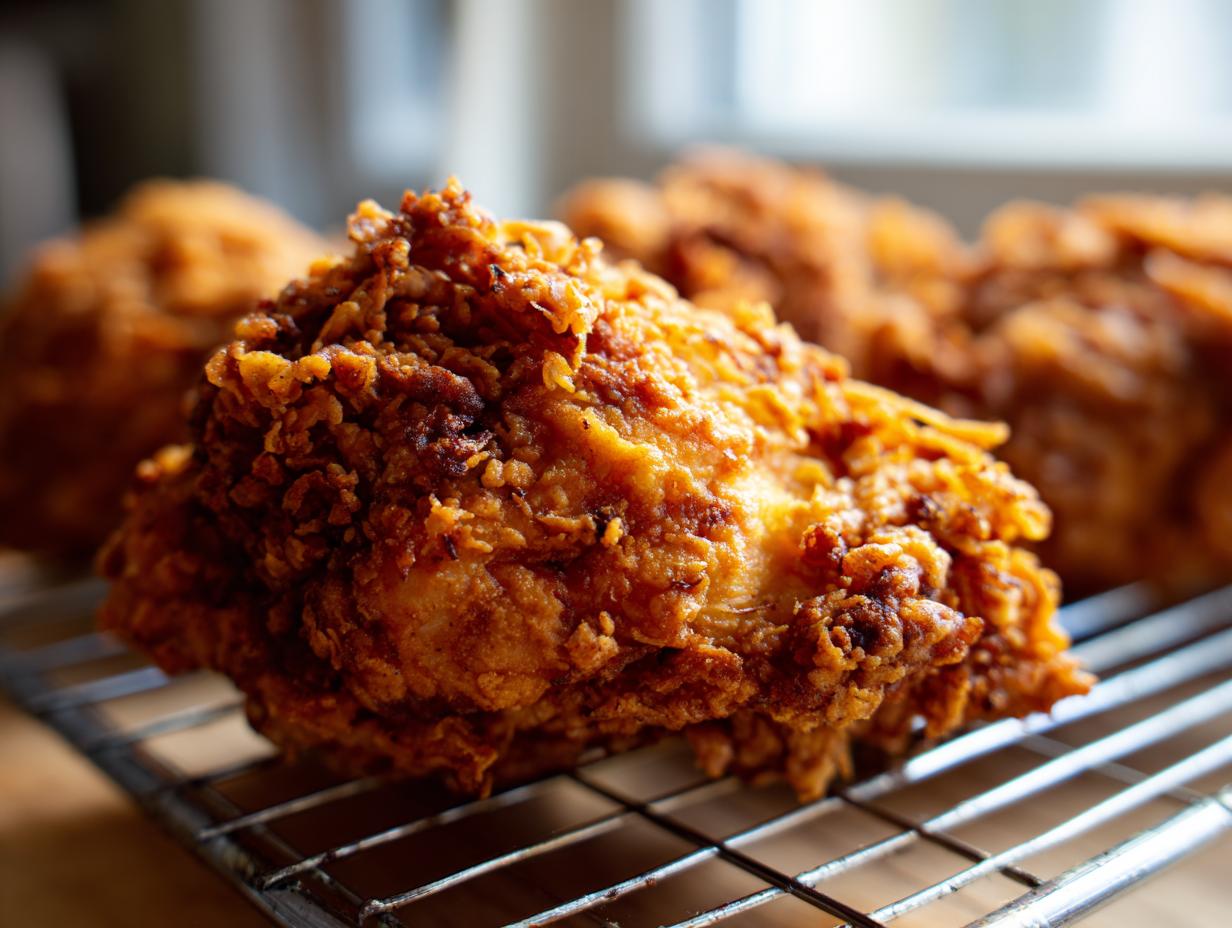 Close-up of a perfectly crispy piece of fried chicken resting on a wire cooling rack.