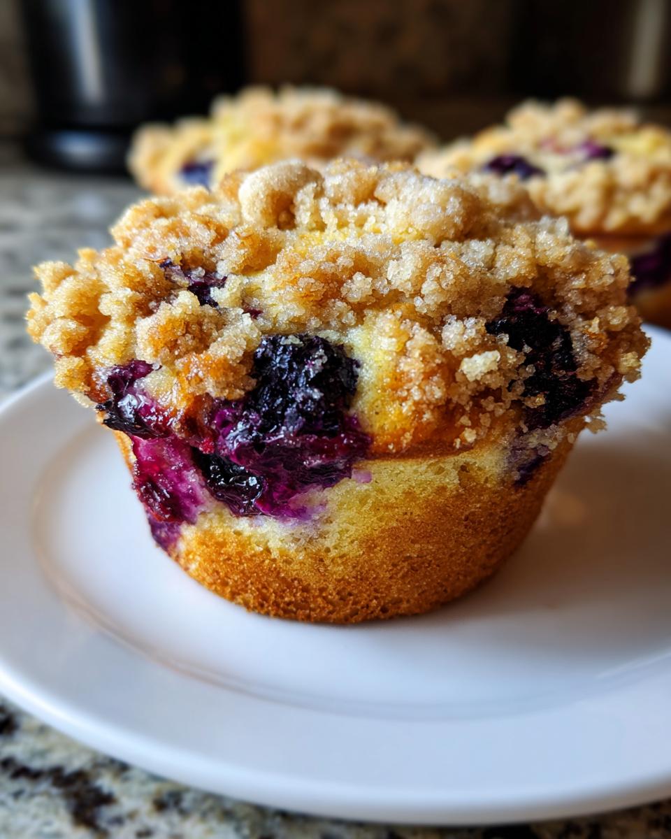 A close-up of a golden-brown blueberry muffin topped with a sugary streusel crumb topping.