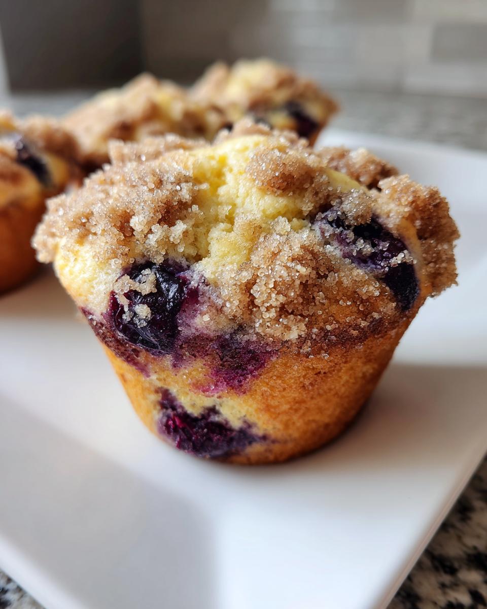 A close-up of a moist blueberry muffin topped with coarse sugar crumble, showcasing vibrant blueberries.