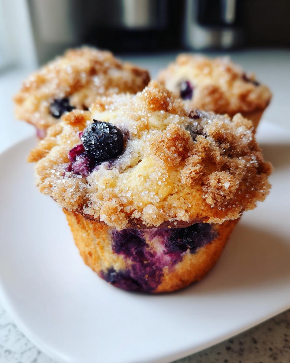 A close-up of a moist blueberry muffin topped with a thick, sugary crumb topping, showing burst blueberries inside.