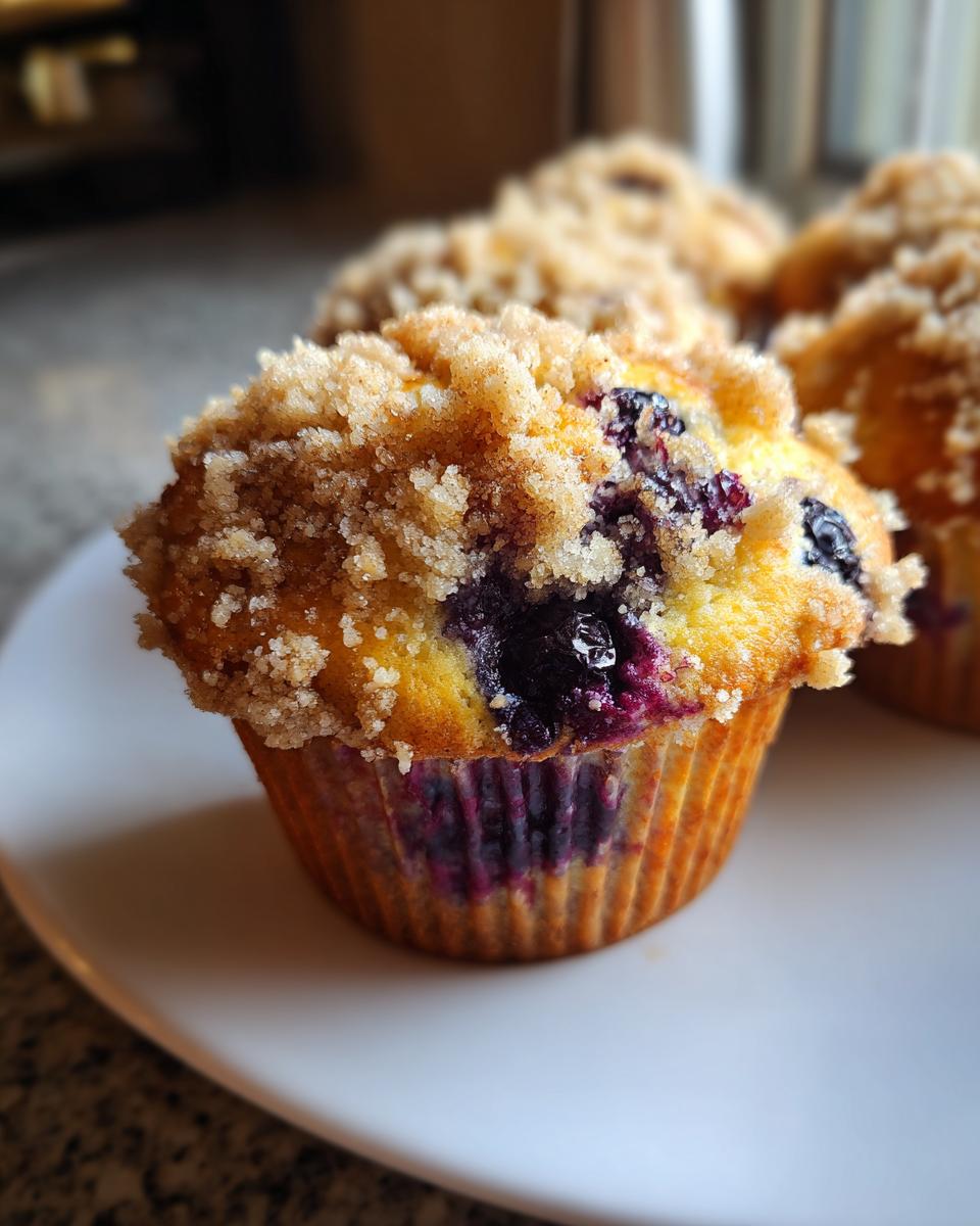 A close-up of a golden blueberry muffin topped with a generous layer of brown sugar streusel topping.