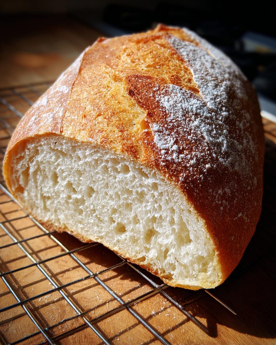 A loaf of freshly baked french bread, sliced open to show the airy crumb, resting on a wire cooling rack.