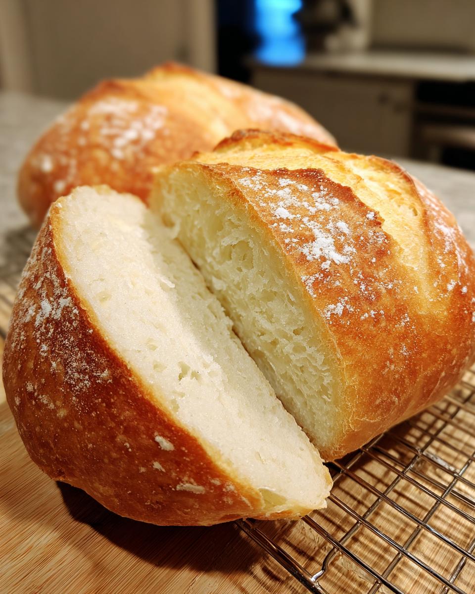 A golden-crusted French bread loaf, dusted with flour, is cut in half showing the soft interior crumb, resting on a wire rack.