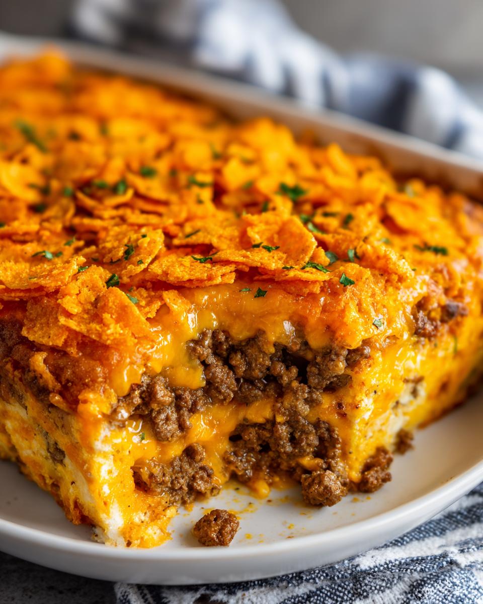 A close-up view of a serving of Dorito Casserole showing layers of ground beef, melted cheese, and a crunchy topping.