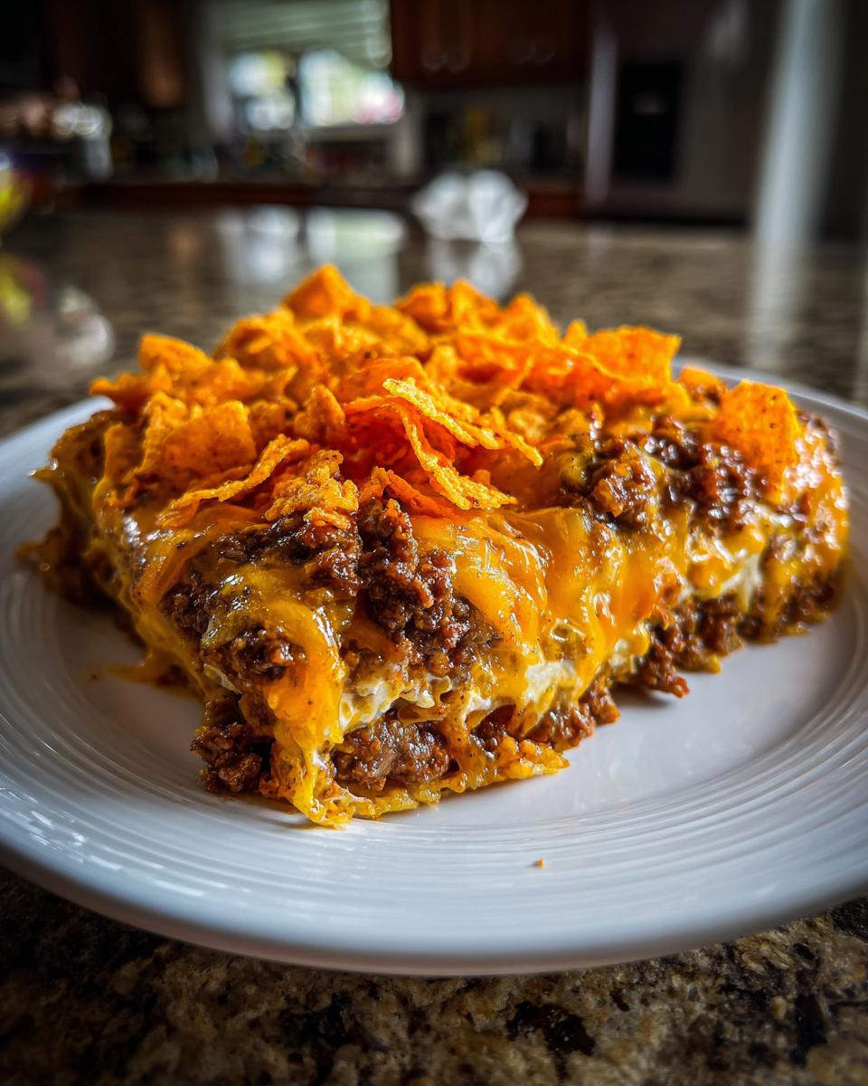 A square slice of Dorito Casserole layered with seasoned ground beef, melted cheese, and topped with crushed orange tortilla chips.