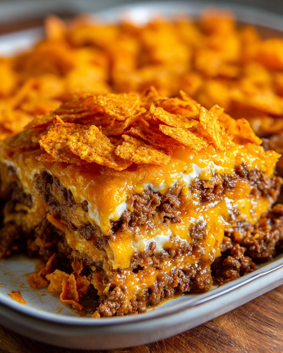 A close-up serving of rich Dorito Casserole layered with seasoned beef, cheese, and topped with crushed tortilla chips.