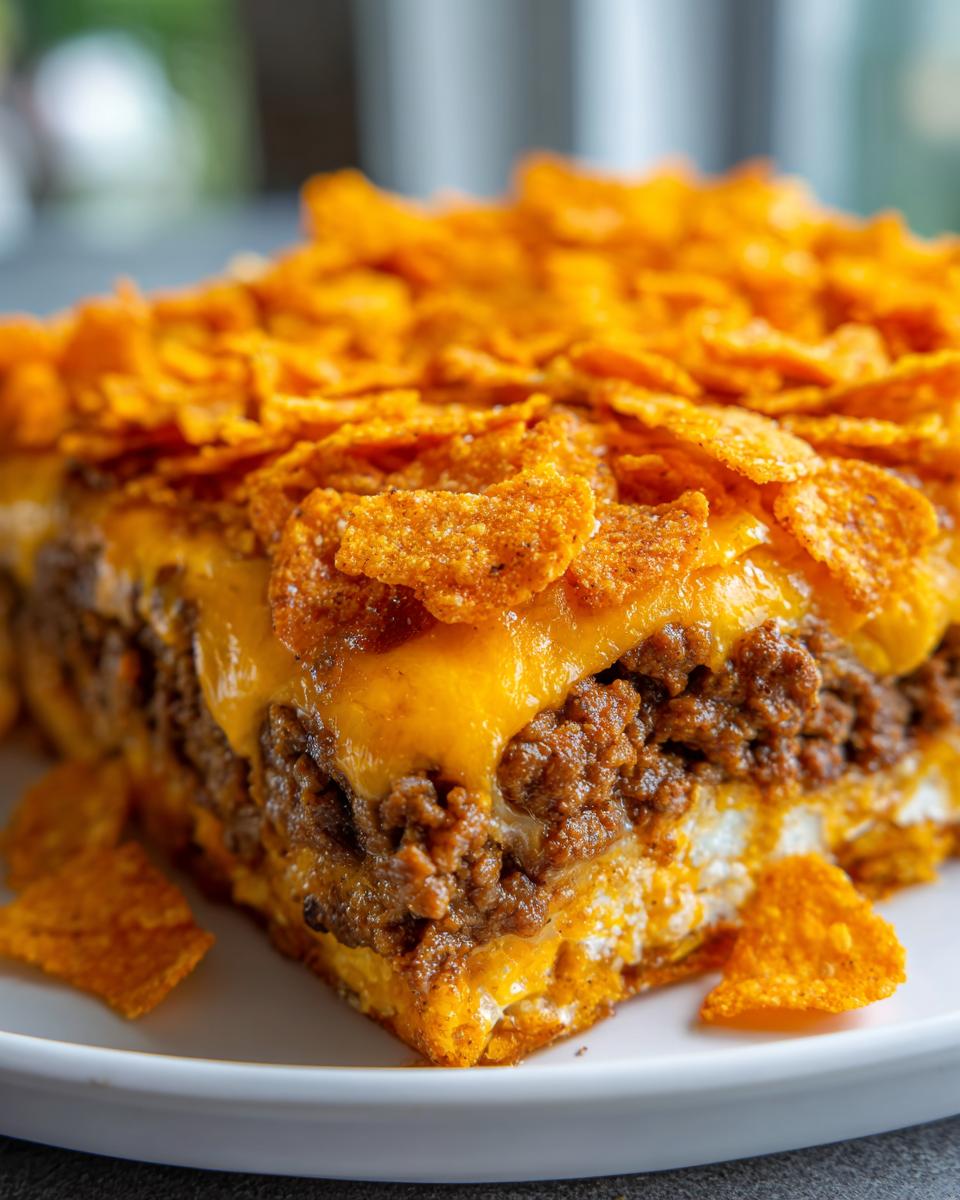 A close-up, cross-section view of a hearty Dorito Casserole slice topped with melted cheese and crushed Doritos.