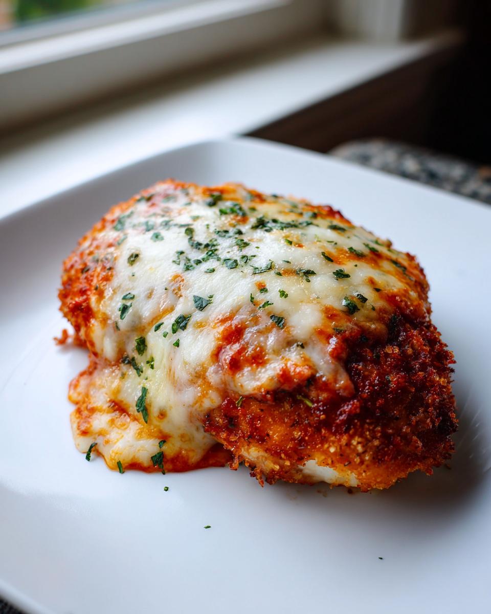 A close-up of a single serving of Easy Chicken Parmesan, featuring a crispy breaded cutlet topped with marinara sauce and melted mozzarella cheese, garnished with parsley.