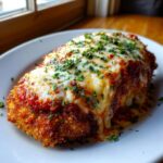 A close-up of a perfectly cooked Easy Chicken Parmesan, smothered in marinara sauce and melted mozzarella, garnished with parsley.