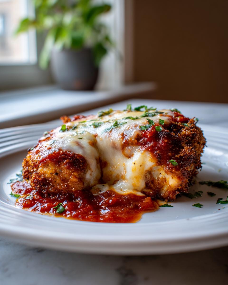 Close-up of a breaded chicken breast topped with melted mozzarella and marinara sauce, representing Easy Chicken Parmesan.
